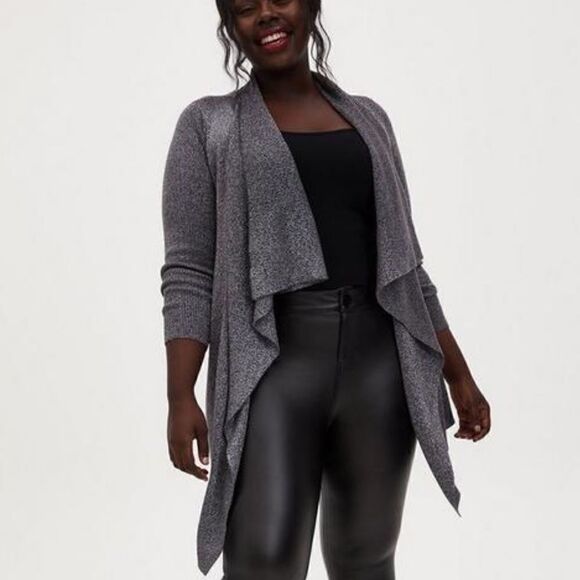 Torrid Womens Gray Metallic Drape Front Sweater Cardigan Large Modern Glam - Picture 2 of 11